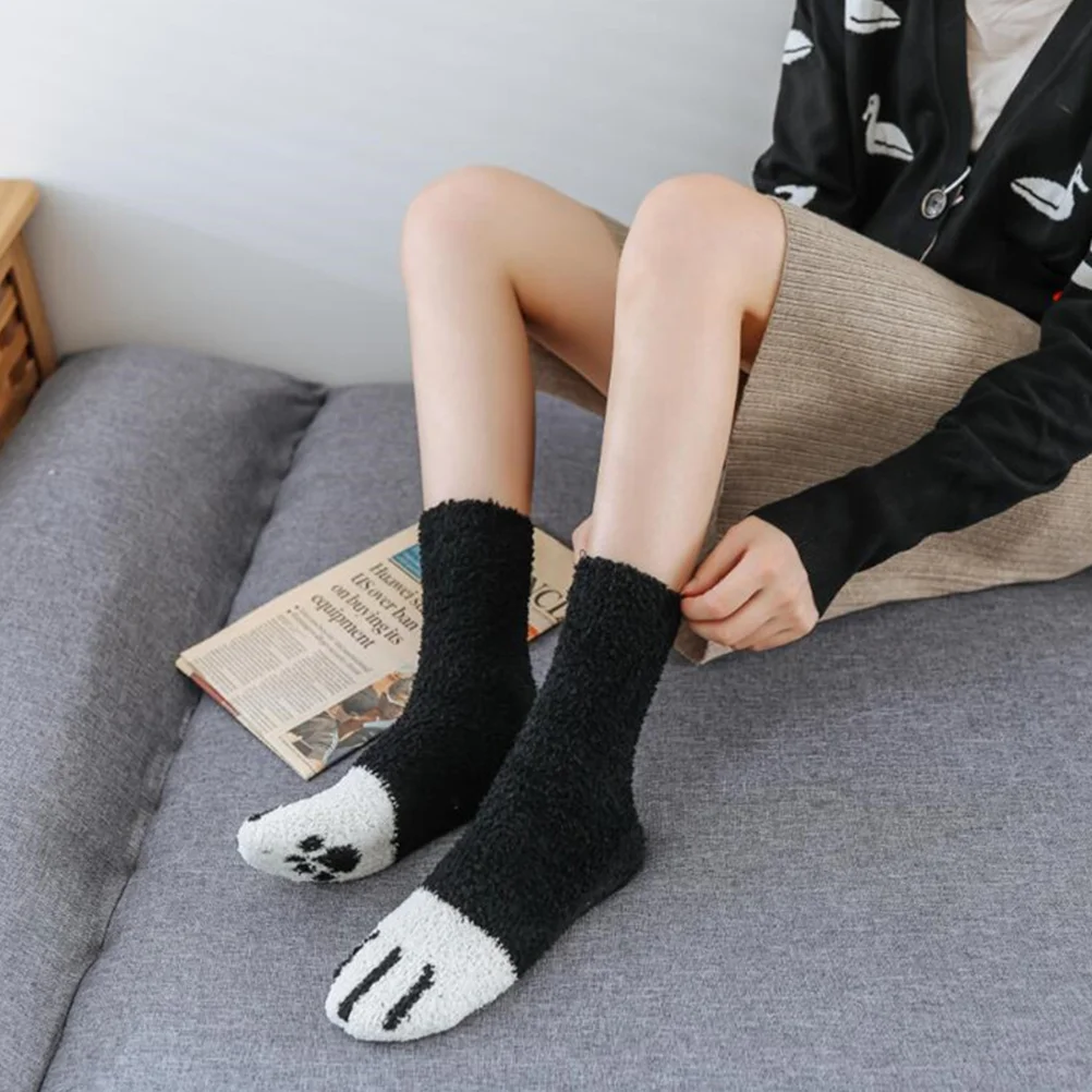 6 Pairs Cute Slippers Coral Fleece Floor Socks Sleep Stockings Winter Cat Paw Pattern Sports Women Fuzzy Bed Women's