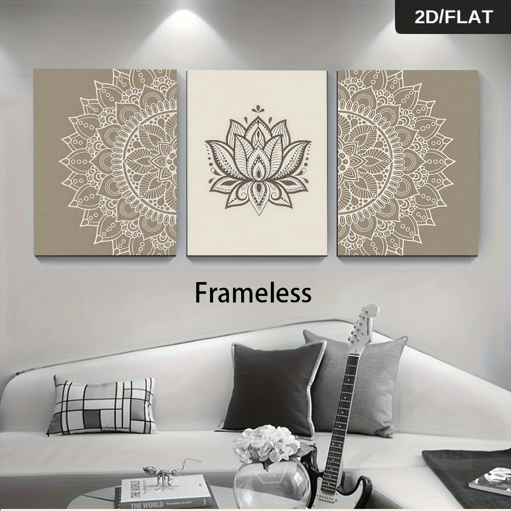 3PCS Large-sized frameless canvas paintings,1 Set Modern Minimalist Mandala Lotus triptych frameless Wall Art for Living Room So