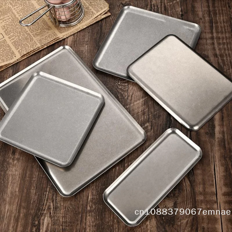 [ZYAS]【xxx】 Stainless Steel Snowflake Silver Square Tray Round Edge Dinner Plate Dessert Grill Tray Steak Plate Decorative Tray