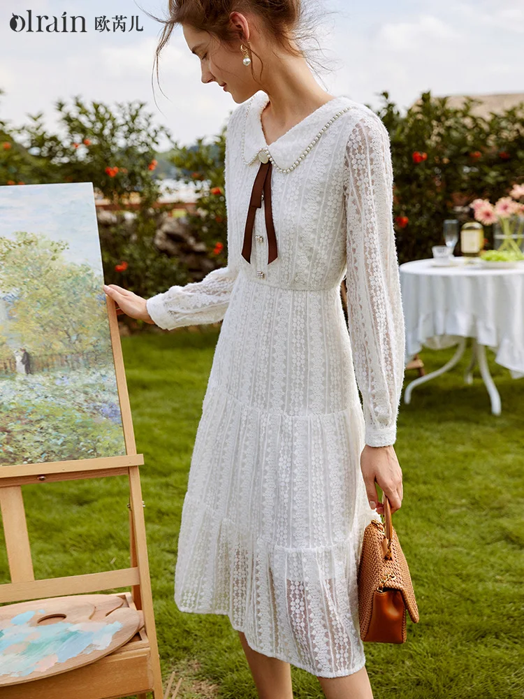 

OLrain Women's White Lace Dress Woman 2025 Elegant Long Sleeve Fitted Waist A Line Layered Long Dress Ladies Clothes O21QL55689