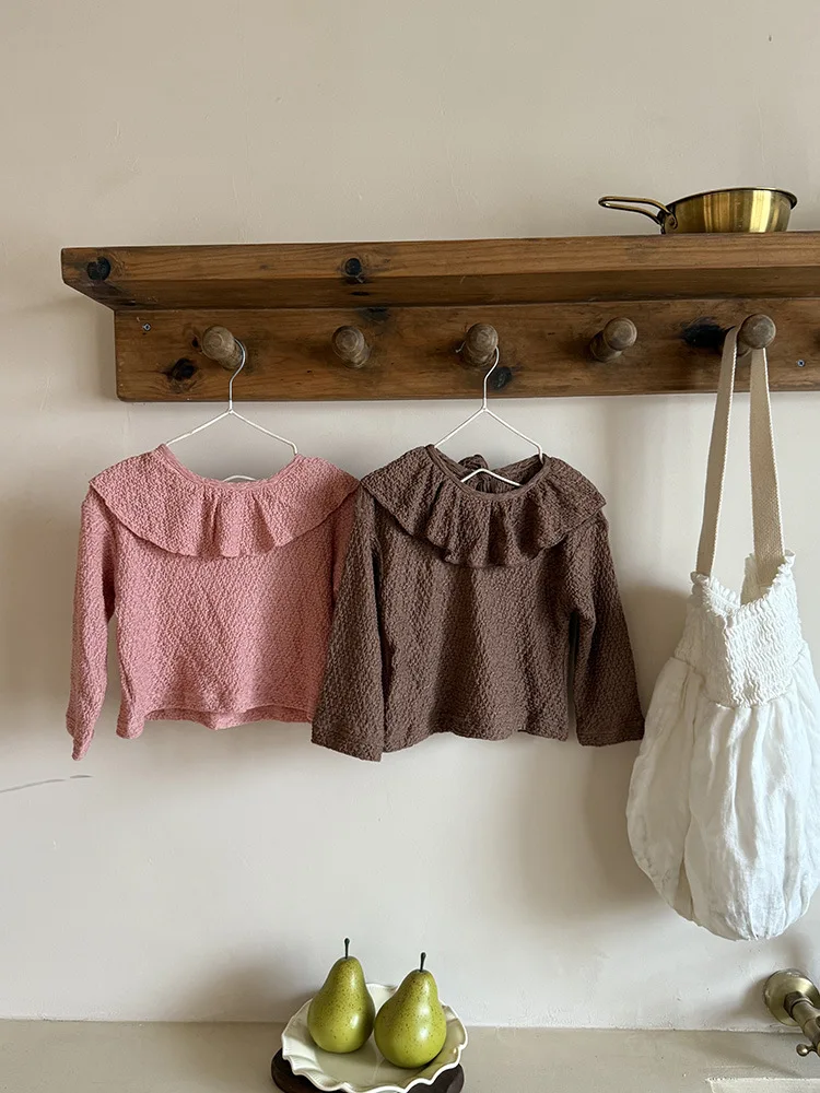 

Girls' lotus leaf collar T-shirt 2025 autumn new Korean children's base shirt elastic knitted long sleeved shirt
