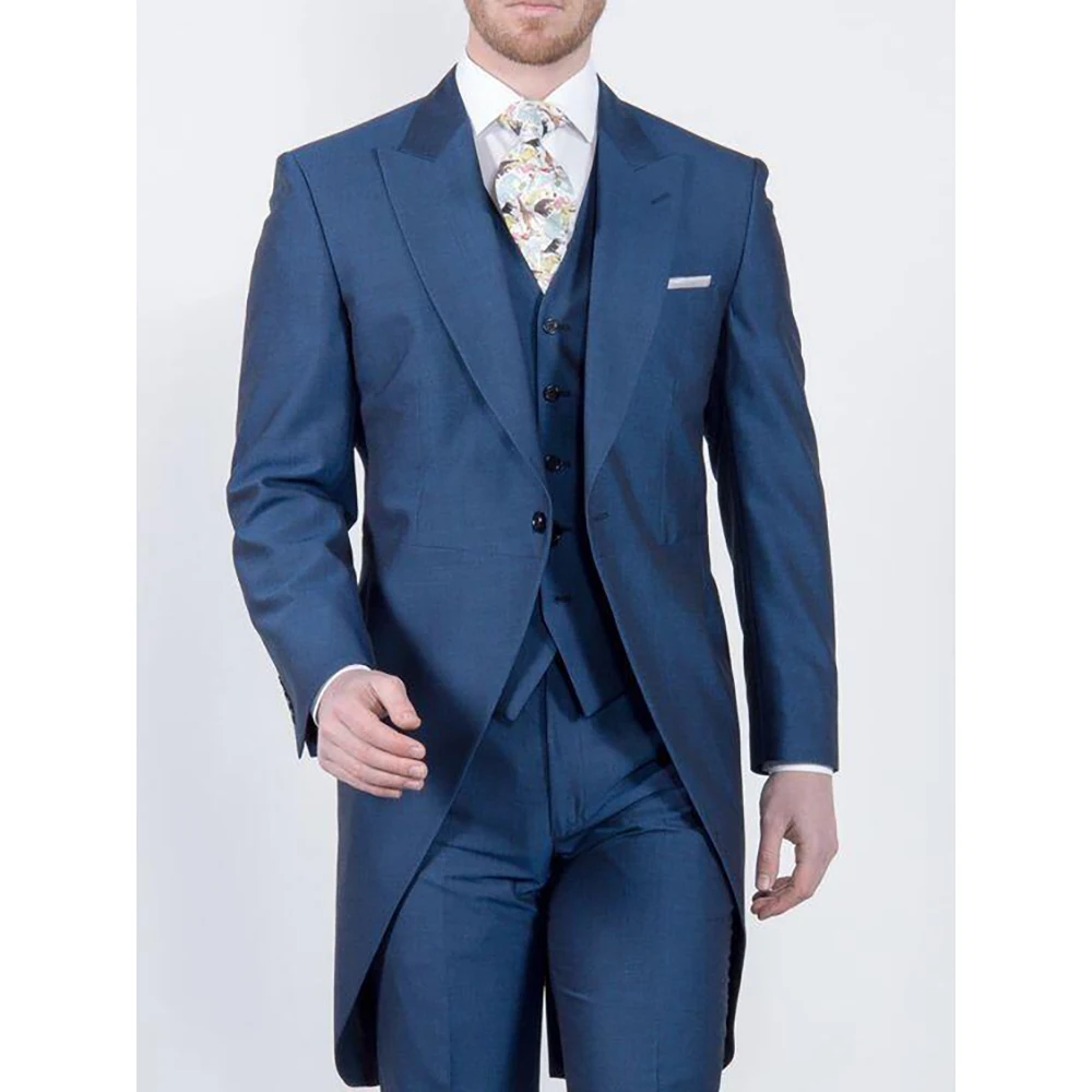 Elegant Blue Italy Tailcoat Slim Men Suit Single-breasted Peak Lapel 3 Pieces(Jacket+Pants+Vest) Male Formal Wedding Party Set