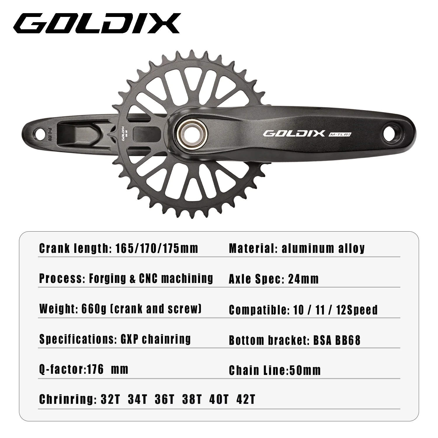 GOLDIX Mountain Bike Crankset 165/170/175mm Alloy Forged Crank Arm 3Bolt Direct Mount Narrow-wide Chainring Bicycle Crankset