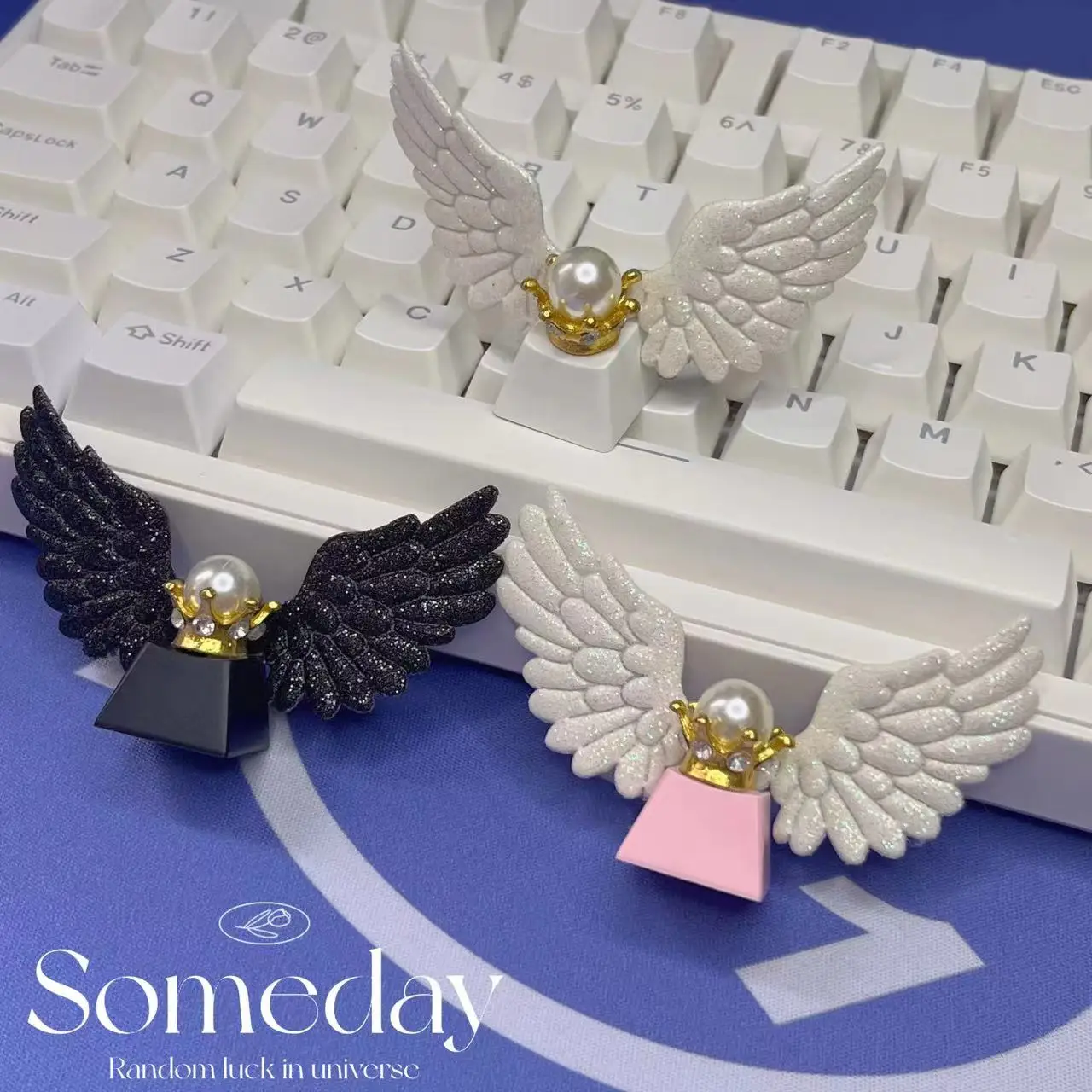 Sparkling Gold Pink Wings Keycaps Girl Pink Cartoon Anime Gifts Customized Couple Games Mechanical Keyboard Keycaps