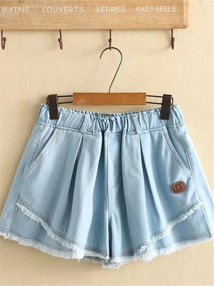 

Plus Size Clothes For Women In Summer Denim Shorts Elastic Waist With Zippered Wide Leg With Fringed Edge Pants Large Size Pants