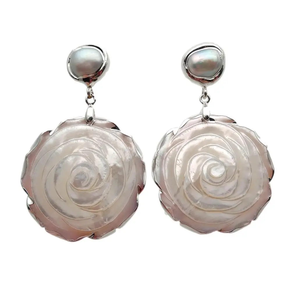 KKGEM 39mm Natural white Shell Mop Carved Flower  14mm White Freshwater Pearl Dangle Stud Earrings