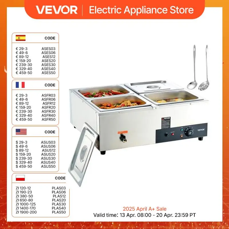 Vevor ที่อุ่นอาหารแบบไฟฟ้าสำหรับ6Pan โต๊ะอบไอน้ำโต๊ะสแตนเลสสำหรับการค้าพร้อมการควบคุมอุณหภูมิชุดบุฟเฟต์1/2/3/4/4/