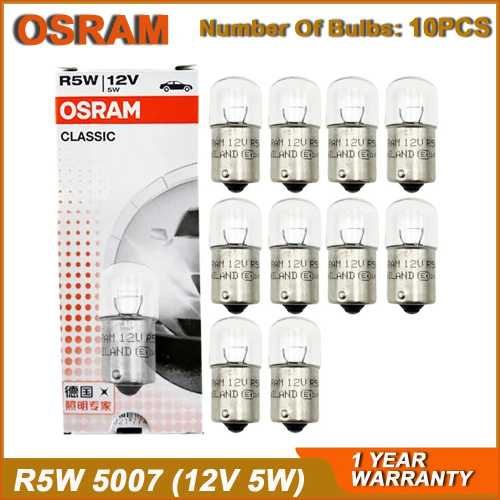 OSRAM Original Line R5W 5007 BA15s 12V 5W Metal Base Halogen Car Bulb for License Plate Light Brake Lamps - Pack of 10