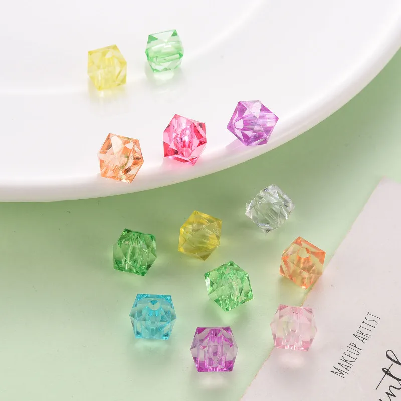 100PCS Transparent Acrylic Beads Faceted Cube Dark Green 10x10x8mm, Hole: 1.5mm