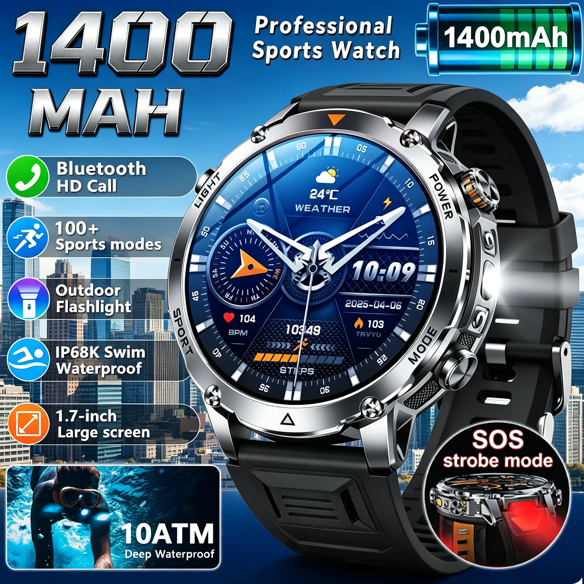 Reloj Inteligente Deportivo para Hombre, con Batería Extra Grande de 1400 mAh, Novedad 2026, Resistente al Agua, con Linterna SOS, Monitor de Ritmo Cardíaco, para Actividades Militares y al Aire Libre