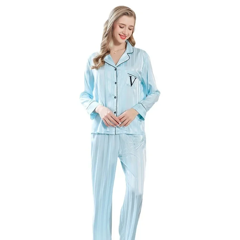 Same pink striped jacquard striped pajamas for women Пижама Long sleeved pants set for home wear  sleepwear  sexy sleepwear