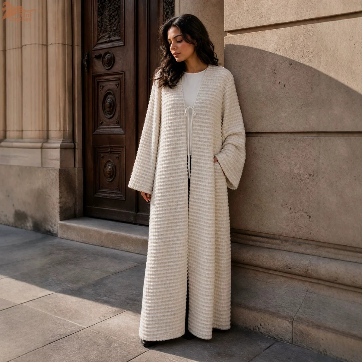Uni Abaya Elegant Textured Thick Winter Abaya Cardigan With Front Tie and Wide Flared Sleeves for Muslim Women Modest Fashion