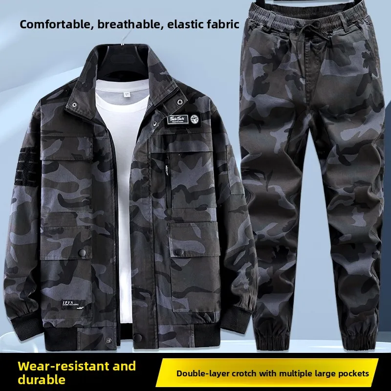 

Весенне-осенний мужской рабочий костюм из хлопка с камуфляжным принтом, износостойкая защитная спецодежда для строительства