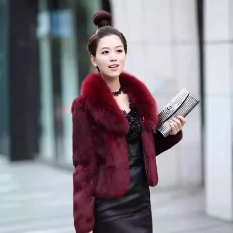 Short Faux Fur Coat Women, Slim Fake Mink Fur Jacket, Fox Fur Collar, High Quality Outerwear, New Design, 2024 Autumn Winter