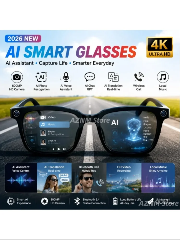 2026 KI-Smart-Brille mit 8MP HD-Kamera, kabellose Bluetooth-Anruf-Audio-Sonnenbrille, lokale Musik, KI-Frage-und-Antwort-Übersetzung, Brillen für Herren