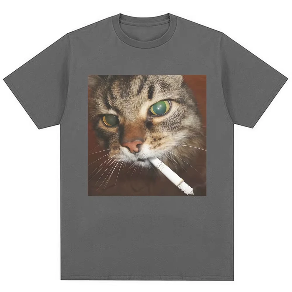 Funny Smoking Cigarette Cat Meme Graphic T-Shirt Men Women Fashion Vintage T-shirts Loose Pure Cotton Casual T Shirt Streetwear
