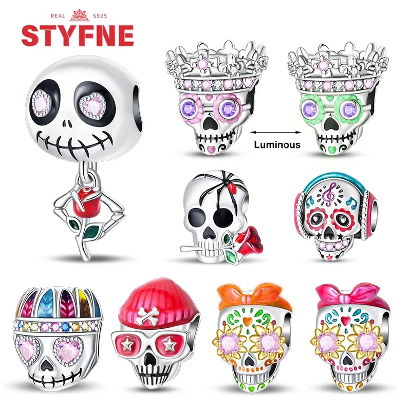 Abalorios de plata 925 con forma de calavera y fantasma para mujer, cuentas de colores compatibles con pulseras originales DIY, colgantes, regalos de fiesta, joyería fina