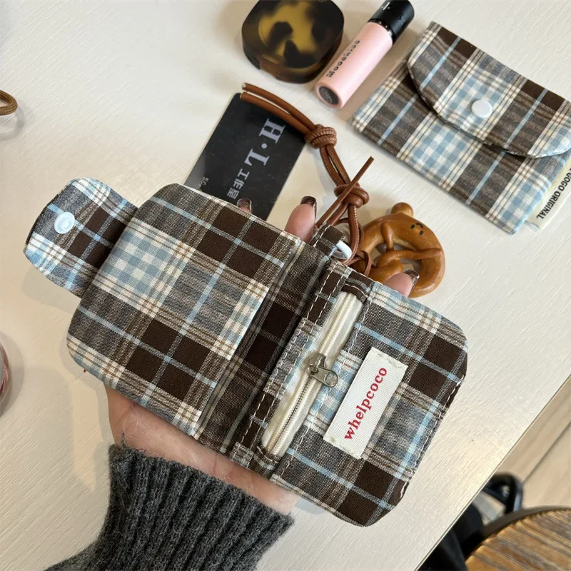 

1 Pc Dark Coffee Plaid Card Purse for Kids Girl Fashion Student Mini Photocard Wallet ID Bank Card Wallet Retro Card Organizer