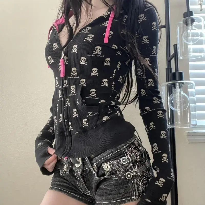 Punk Hoodie Hot Girl Slim Zipper Hooded Sweatshirt Coats Streetwear Gothic Thin Jacket Gothic Harajuku Vintage Tops Y2k Clothes