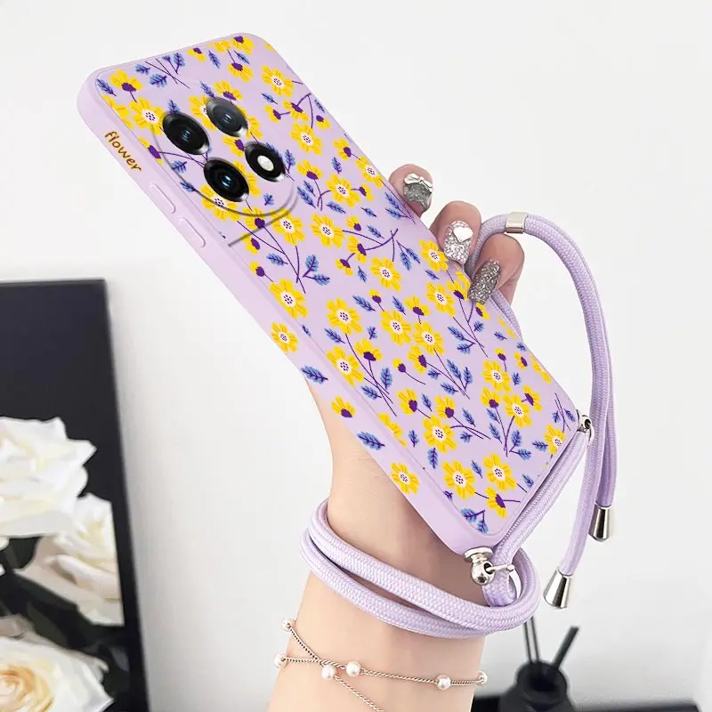 Bellflower Plant Crossbody Lanyard Silicone Phone Case For Oneplus 11 11R 10R 10T 10 Pro 9 9R 9RT 8T 8 8 Pro Cover