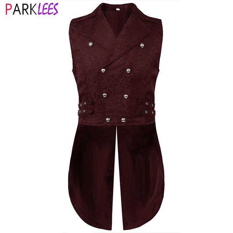 Wine Red Floral Jacquard Steampunk Gothic Vest Men Double Breasted Medieval Victorian Sleeveless Tailcoat Cosplay Prom Costumes