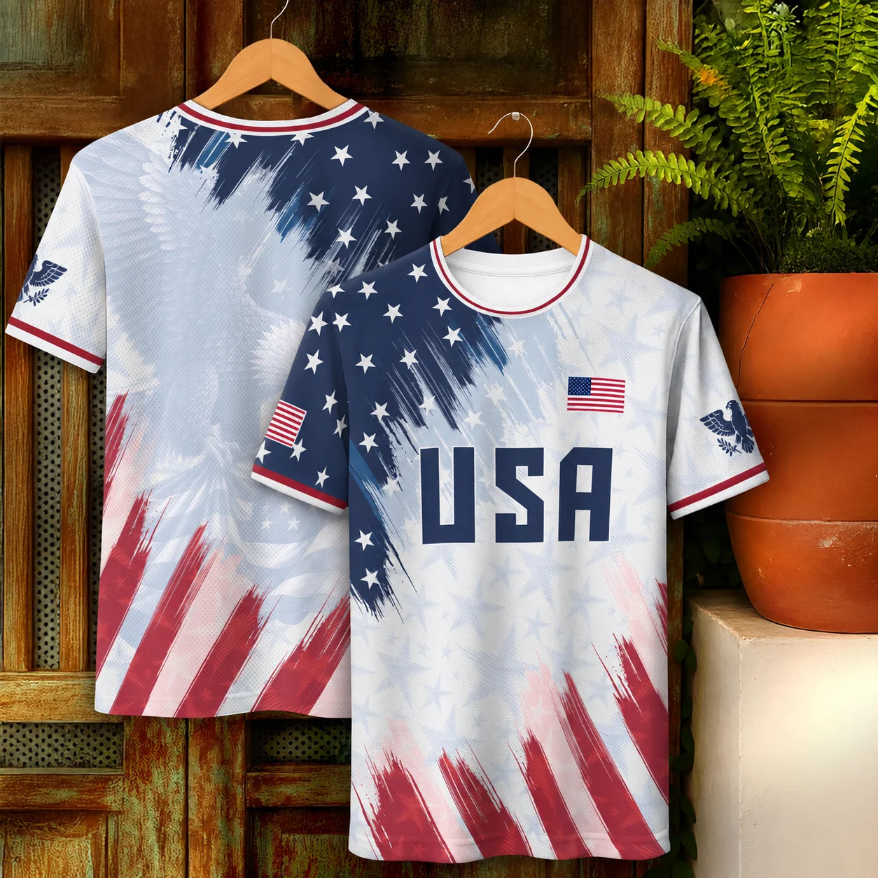 USA Soccer Jersey for Men White Red Navy Star Pattern Eagle Graphic Short Sleeve Crew Neck American Flag Football Fan Shirt