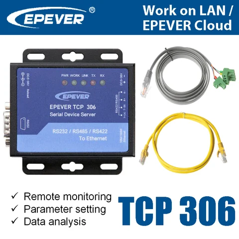 EPEVER TCP 306 직렬 포트 네트워킹 서버 이더넷 변환 모듈, 태양광 컨트롤러 레귤레이터 인버터용 직렬 포트