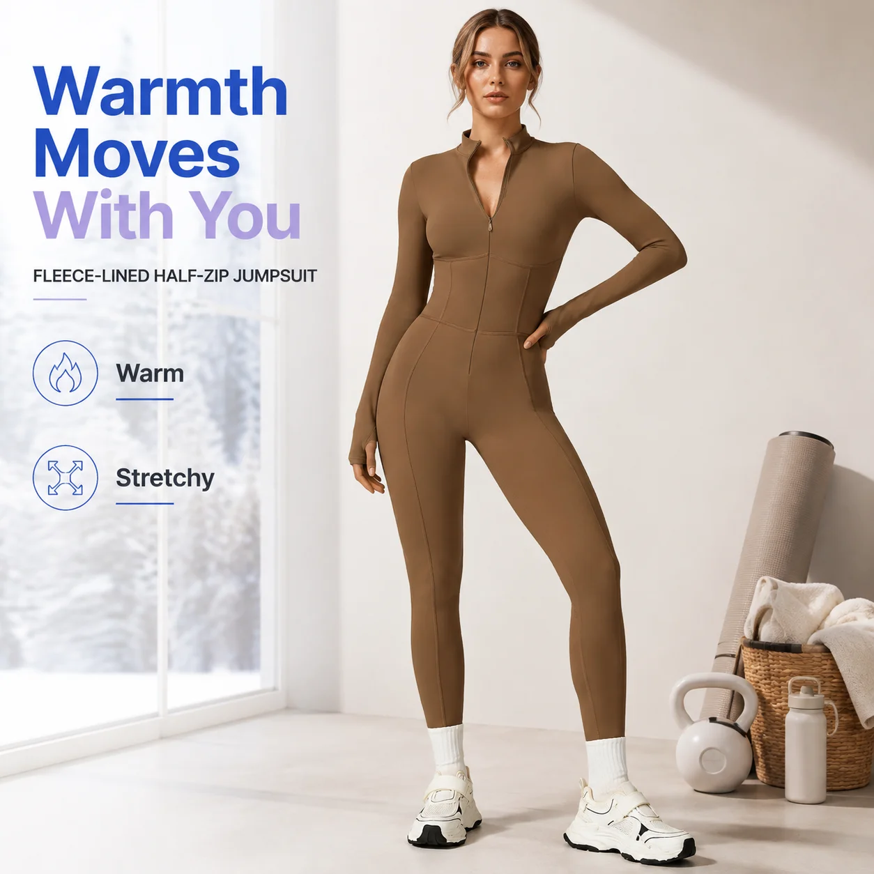 Women's Fleece-Lined Half-Zip Long Sleeve Jumpsuit - Thumbhole Contour Seam Winter Yoga Bodysuit, Multiple Colors, S-XL