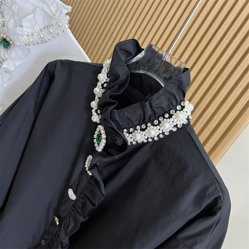 Luxury Sparking Rhinestone Beading White Black Shirts and Blouses for Women Autumn Spring New Long Sleeve Mid-Length Top Female