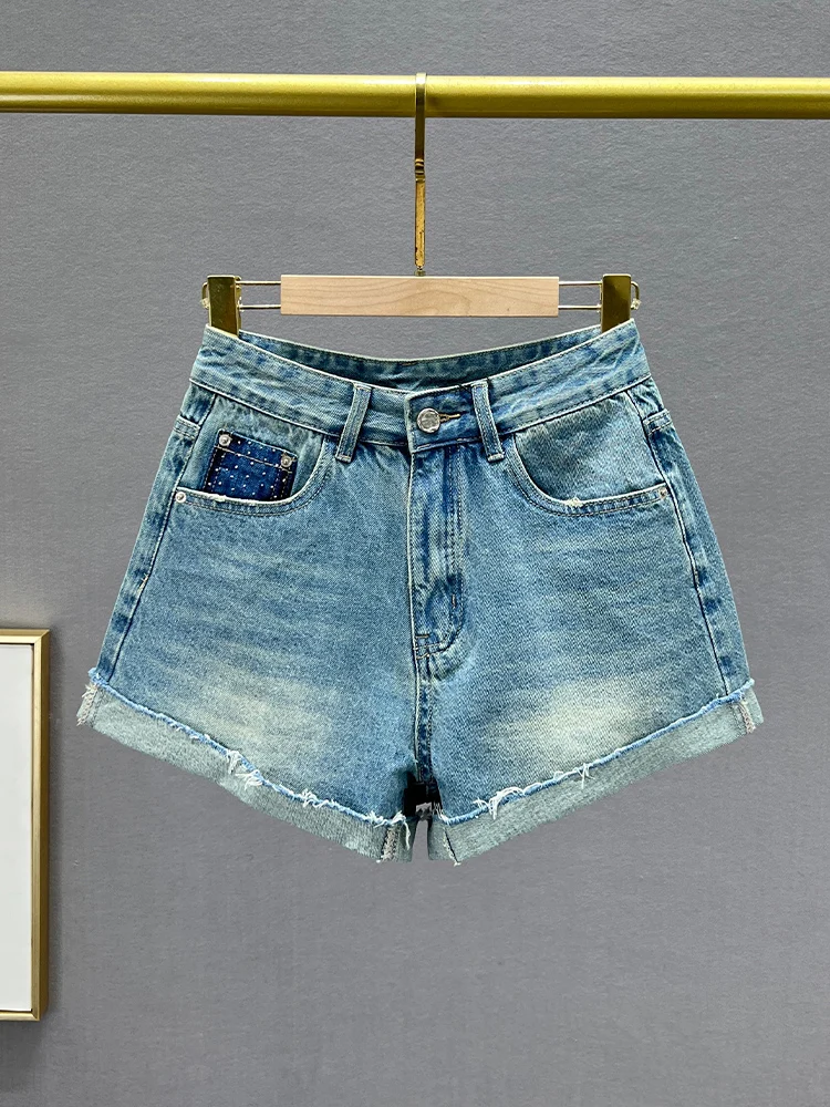 

High Waist Loose Fit Slimming Summer Denim orts Women's Trendy 2024 New Sle Diamond Embellied Cuffed Hot Pants