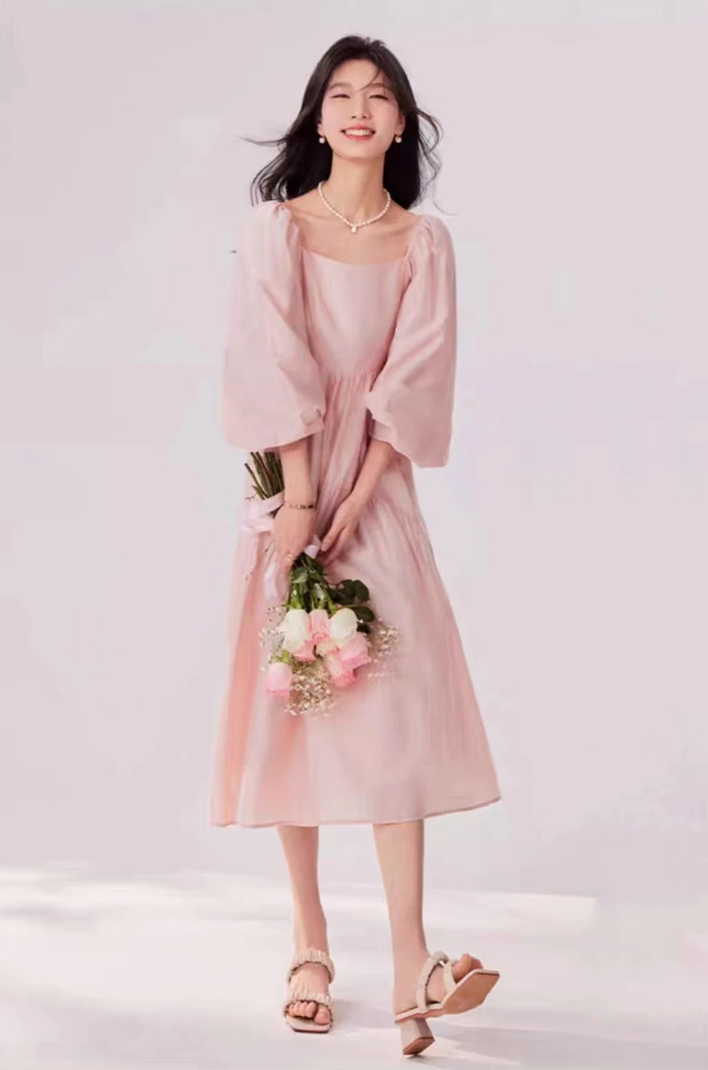 Romantic Pink Open Back Lace Cut Out 2023 New Long Bubble Sleeve Cute High Street Silk A-Line Dress