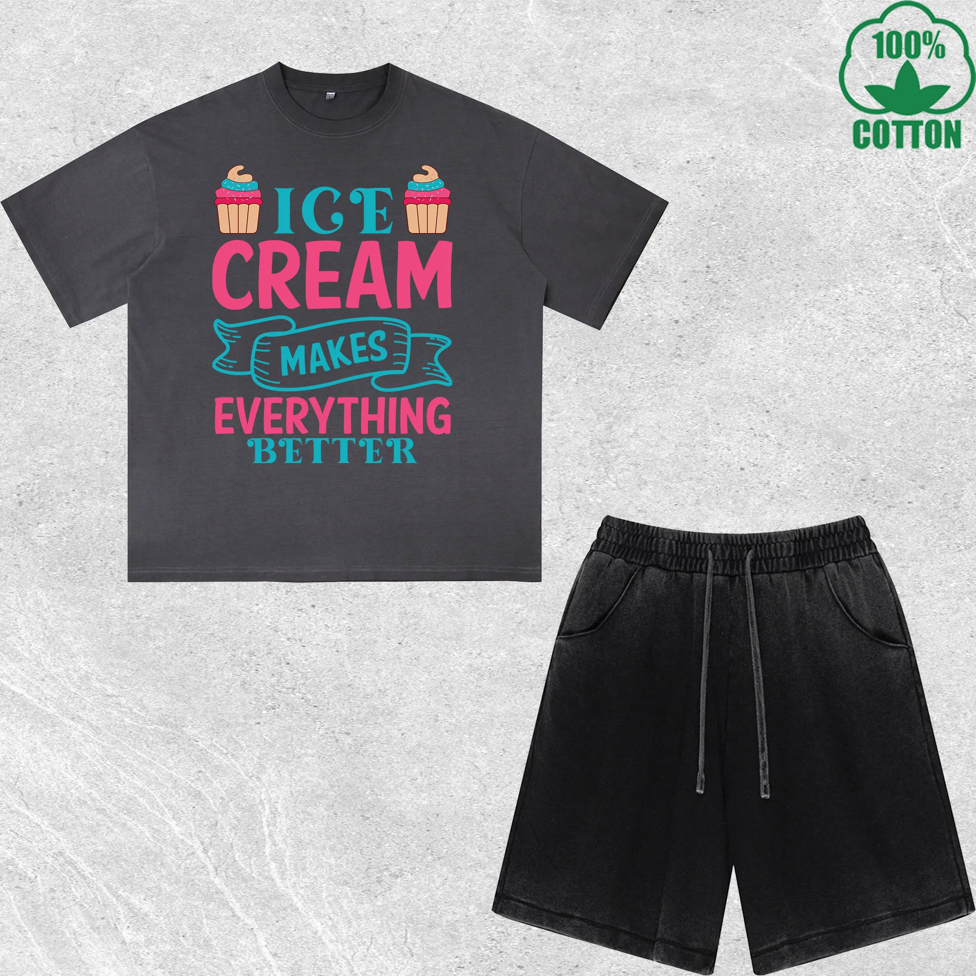 

Ice Cream Makes Everything Better Printed Dirty Wash T-Shirt Shorts Set Multicolor Combo Loose Trendy Fashionable 100%Cotton