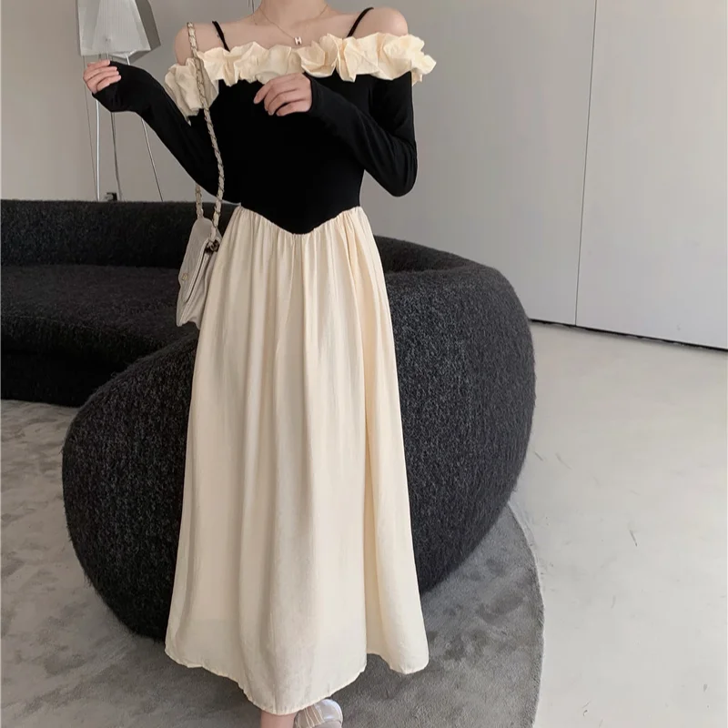 

One-neck Stitching Contrast Sling Dress Female Autumn New French Advanced Sense Slim Waist Temperament Long Skirt