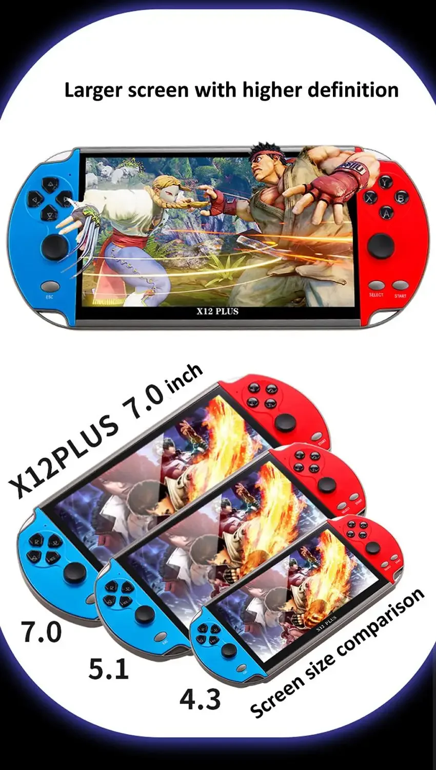 for X12 PLUS Video Game 7inch LCD Double Rocker Portable Handheld Retro Console MP5 Player TF Card for GBA/NES 3000 Games