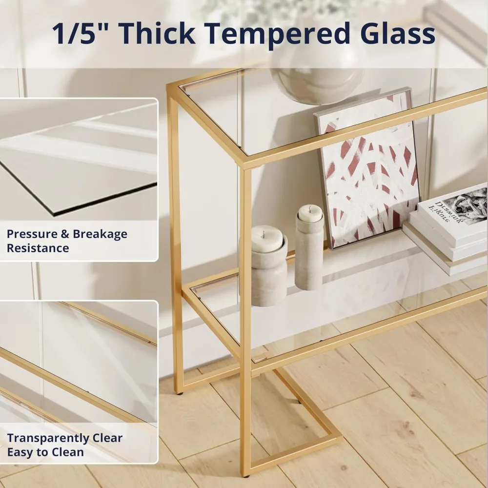 Castle 52 Entryway Table, 2-Tier Narrow Console Table, Tempered Glass Sofa Table with Metal Frame, Entry Table
