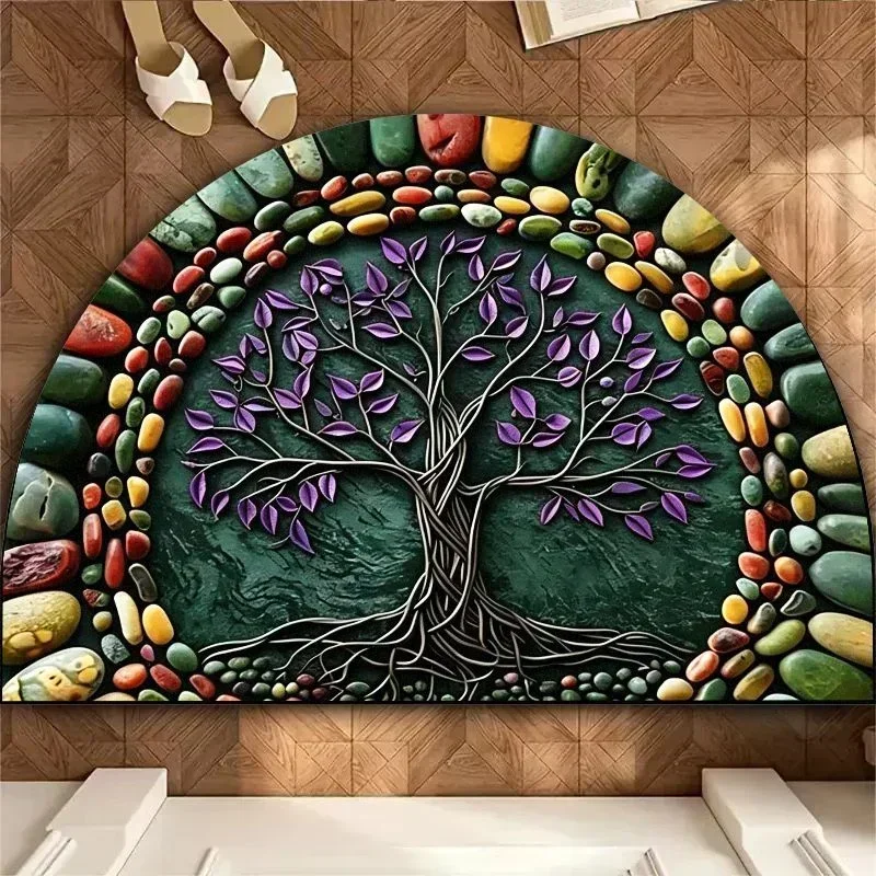 VIKAMA Semicircle Purple Leaf Tree of Life Doormat Pebble Edge Boho Non Slip Absorbent Entrance Rug Indoor Floor Mat