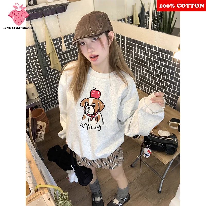 

White gray Cute Puppy Print Plush Sweatshirt Women Autumn 2025 New Oversize Long sleeves Hoodie Pullover Y2K Top kawaii clothes