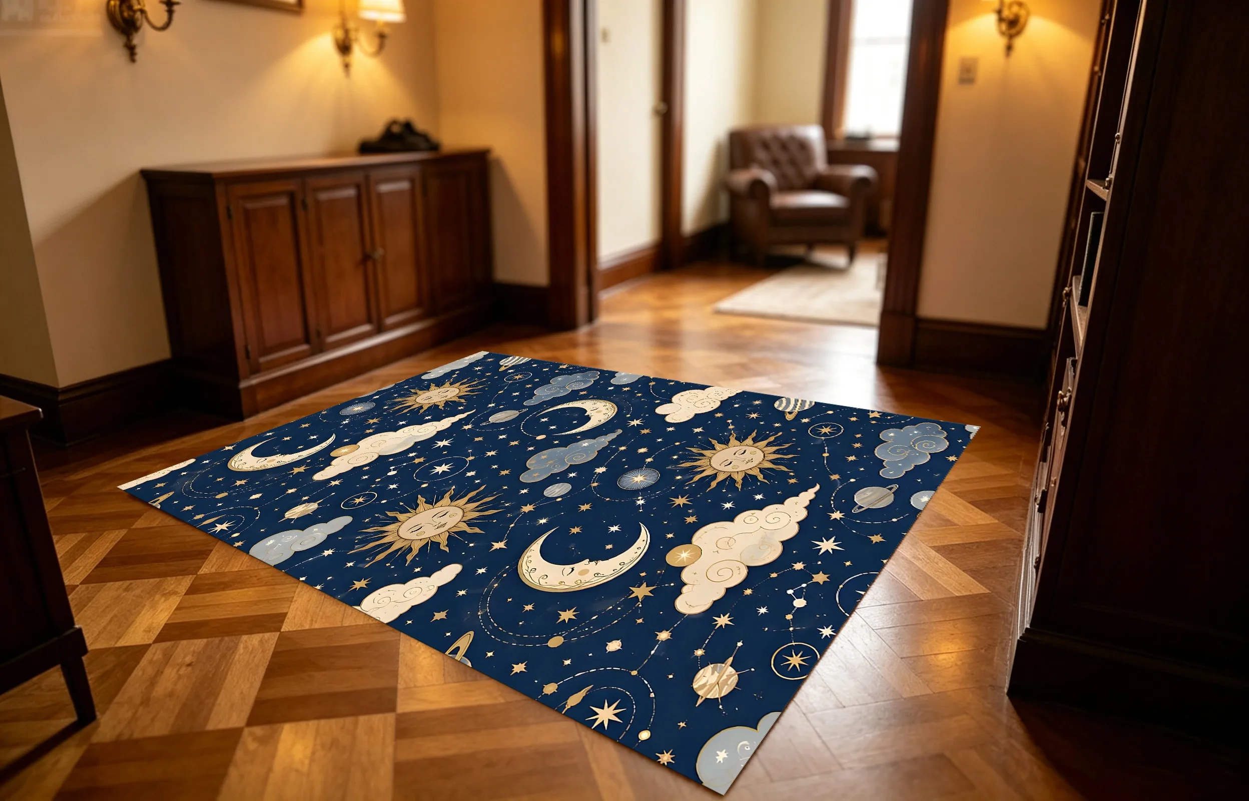 #   Sun, Moon, Stars, and Sky Floral Print: Dreamy and Playful Style, Perfect for Christmas and New Year's Day, Suitable for Children's Rooms, Bedrooms, and Living Rooms Velvet Rug Creates a Romantic and Healing Decorative Atmosphere.