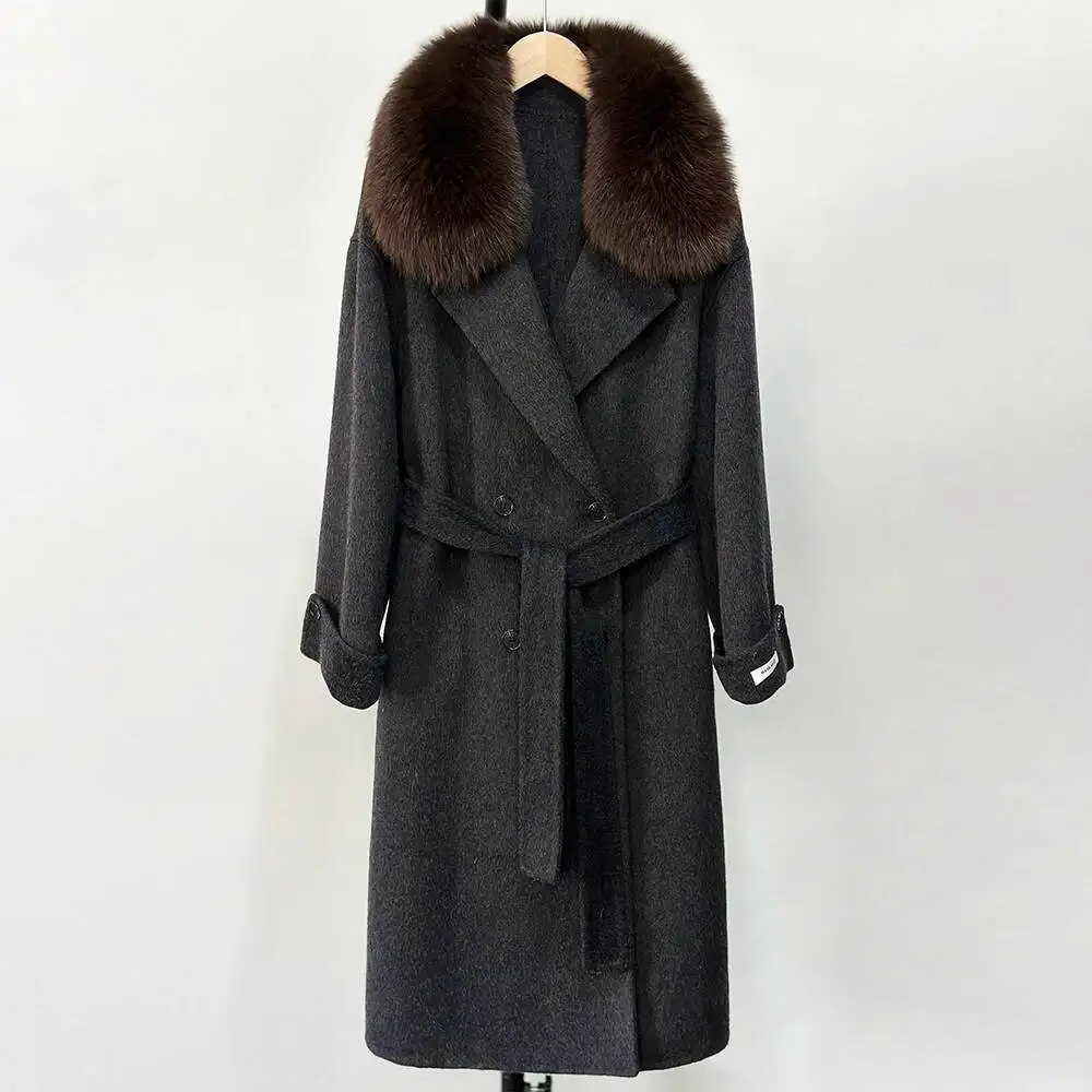 

Reality Autumn Real Fox Collar Outerwear Women 2025 Winter Fashion Elegant Cashmere Wool Blends Coat Fur Jacket