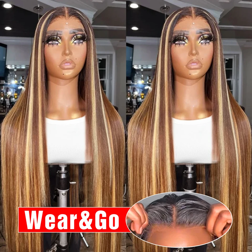 PreCut Highlight Glueless Wigs Human Hair Ready To Wear And Go Preplucked For Women Straight 13x6 HD Lace Frontal Wig Human Hair