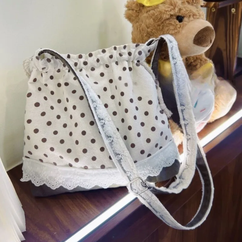 

JIAERDI Harajuku Beige Polka Dot Shoulder Bag Women Lace Trim Drawstring Large Capacity Crossbody Bag Ladies Retro Patchwork Bag