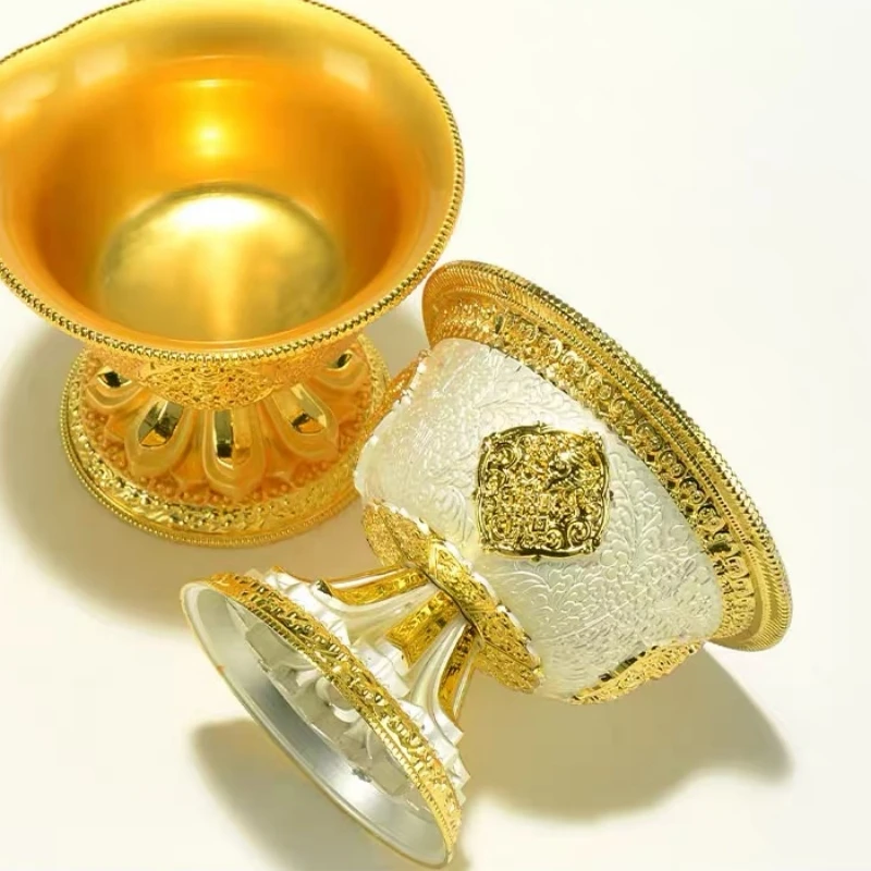 Tibetan Bowl,Alloy, Large Sizes Holy Water Cup, Engraved Buddhist Religious Item Gold Bowl, Altars Desktop Decorative , 11 cm