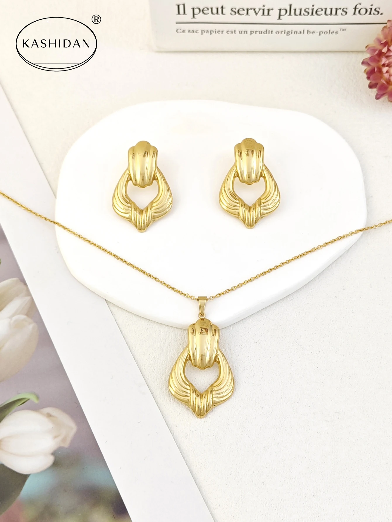 Fashion Stainless Steel Jewelry Set for Women Gold Color Chunky Ribbed Door Knocker Necklace Set
