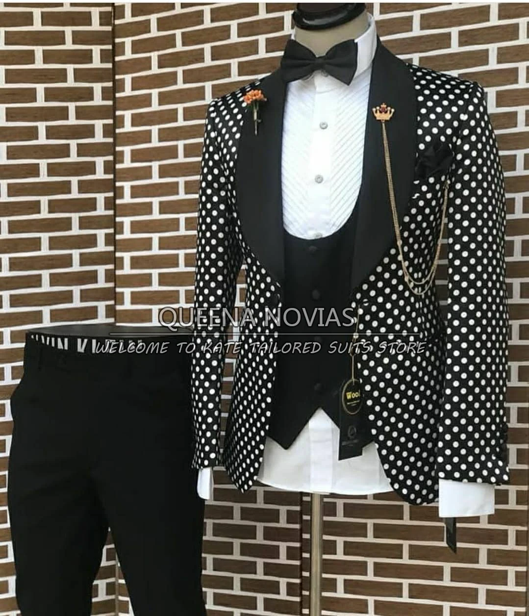 Luxury Men Suits Slim Fit Polka Dot Jacket+Vest+Black Pants 3 Pieces Formal Grooms Single Breasted Blazer Wedding Tuxedos Set