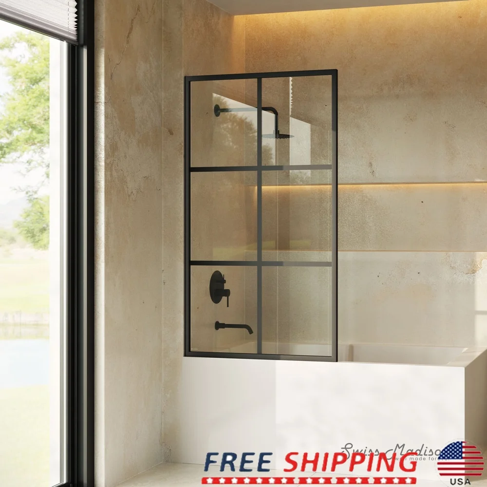 

Фиксированная дверь для ванны в рамке, 10 мм, прозрачное закаленное стекло, черная матовая отделка, двусторонняя установка, регулируемый U-канальный современный дизайн