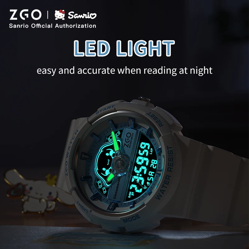 Original ZGO x Sanrio Cinnamoroll Quartz Electronic Watch Sports Wristwatch 50M Waterproof Date Display Chronograph for Gift 863