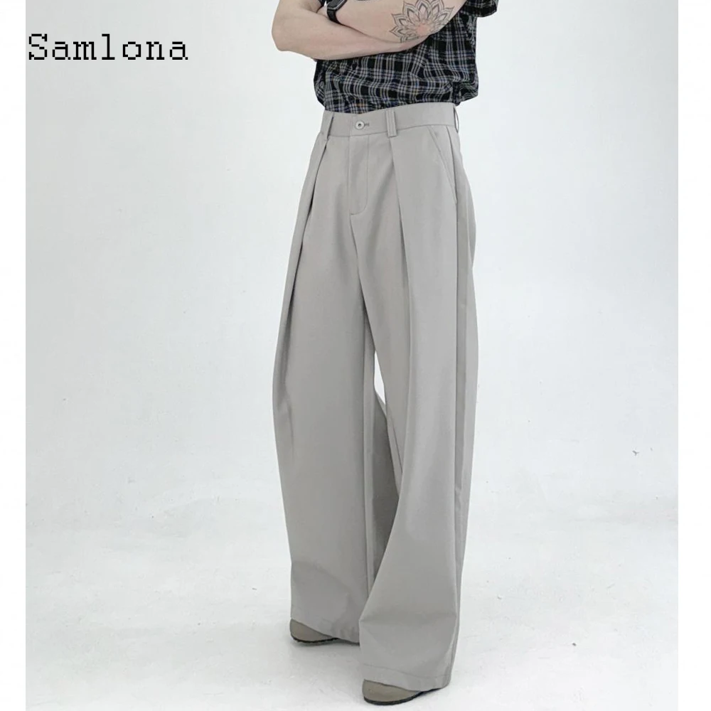 Samlona حجم كبير أزياء رجالي بنطال ذو قصة أرجل واسعة الصلبة البني الطابق طول بنطلون Kpop الكلاسيكية نابلي الأساسية دعوى بانت البنطلونات جديد