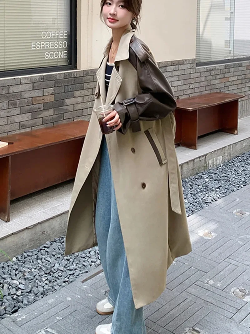 Fashion PU Leather Long Sleeves Patchwork Trench Coat Women's Lapel Double Breaested Sahes Windbreaker Autumn New 76SRQ