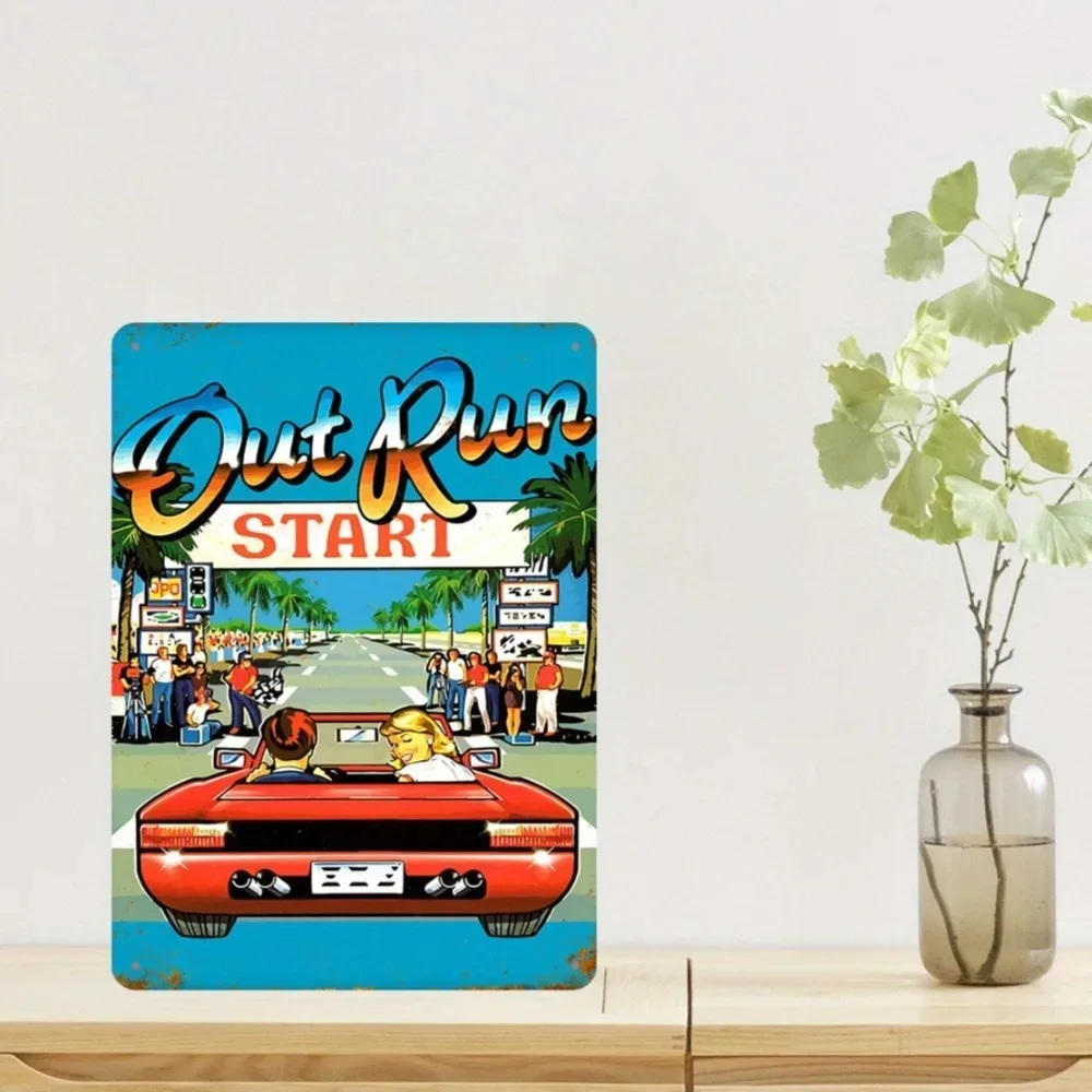 

Turbocharge Your Retro" OUT RUN Aluminum Sign – Embossed Metal Art with Coastal Road Sunset Graphics & Gear Shift Embossing