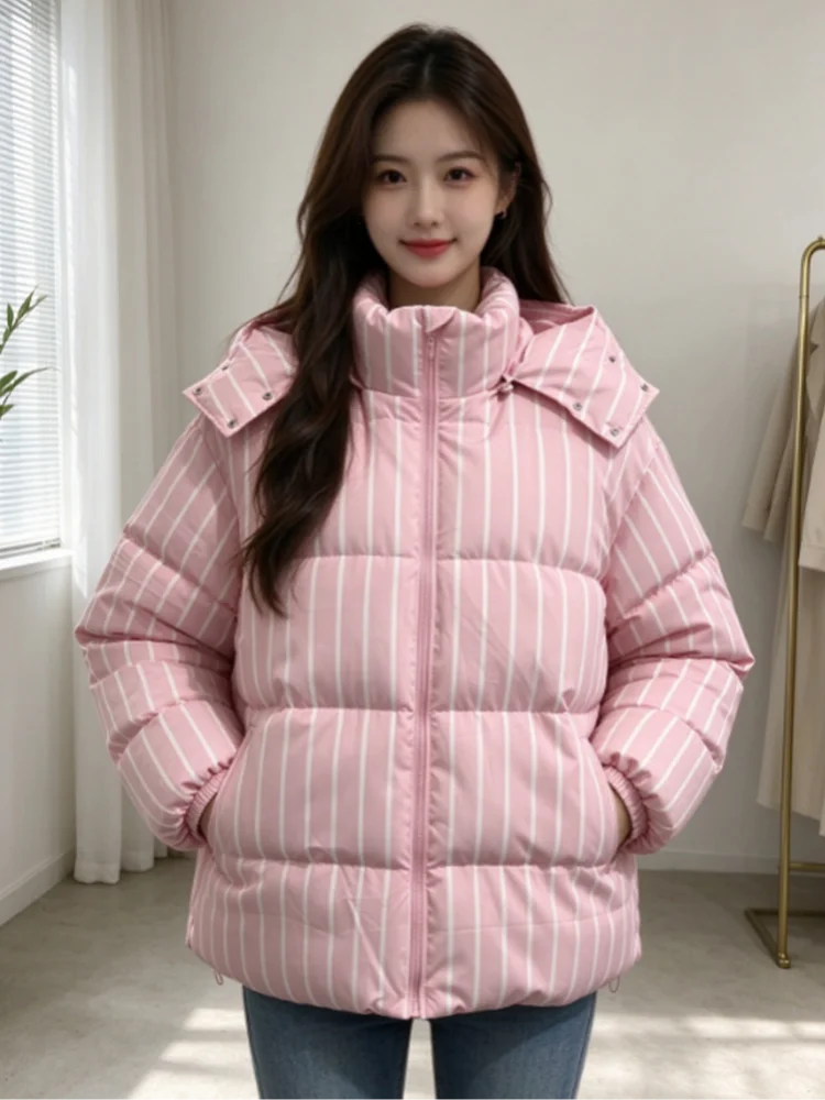 Women Vertical Striped Puffer Coat Detachable Hood Stand Collar Drawstring Hem Oversized Warm Jacket Lady Daily Casual Outerwear